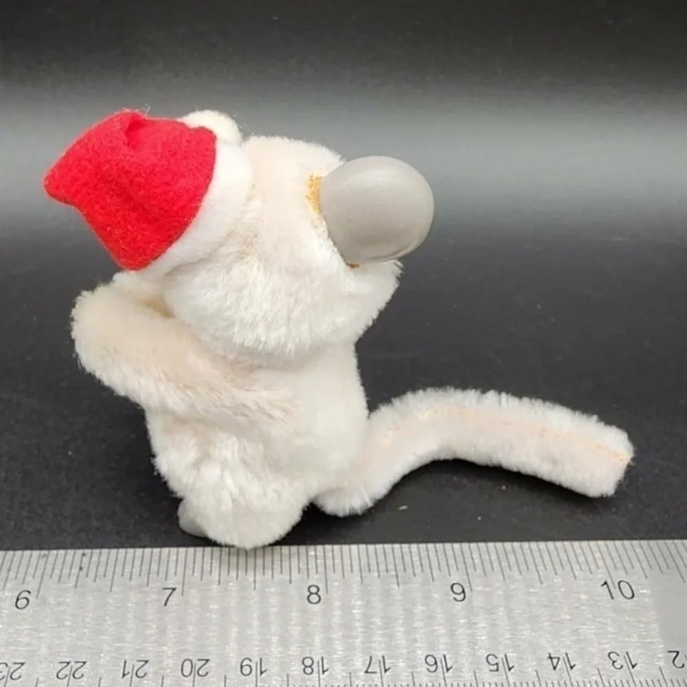 VTG Korea White Christmas‎ Mouse Clip On Santa Hat Plush Retro Kitsch Ornament